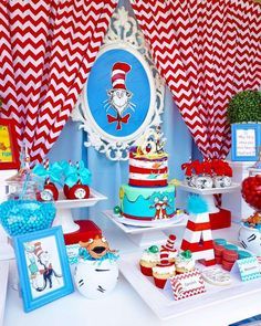 This Dr. Seuss 6th Birthday party is so much fun! Loving the dessert table! See more party ideas and share yours at CatchMyParty.com Cat In The Hat Birthday, Doctor Suess Birthday, Dr Seuss Party Ideas, Hat Birthday Party, Dr Seuss Birthday Party, Twin Birthday Parties, Dr Seuss Baby Shower, Boys First Birthday Party Ideas, Seuss Party