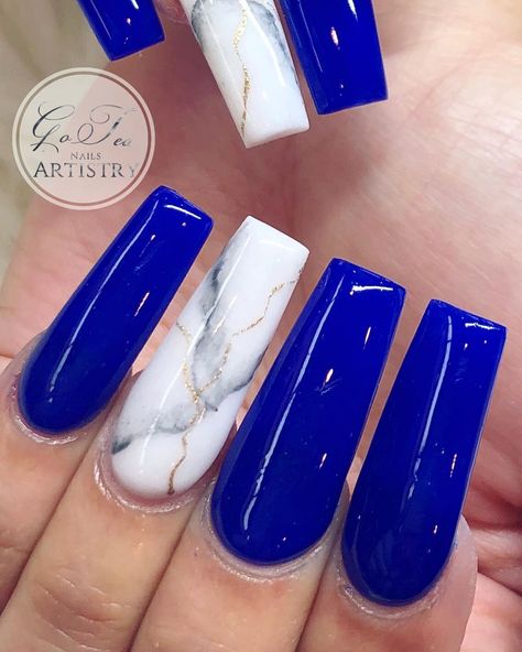 Xv Nails, Royal Blue Nails Designs, Square Gel Nails, Nail Options, Bday Nails, White Gel Nails, Blue And White Nails, Royal Blue Nails, Fall Acrylic