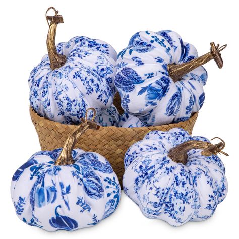 PRICES MAY VARY. Our blue and white fabric pumpkins are the perfect fall decorations. Available in sets of 3, 4, 6, and 8, these decorative pumpkins come in vibrant colors and various sizes, offering versatile uses. They will add a touch of elegant, warm and fresh inspiration to your fall décor. These artificial pumpkins are crafted from soft blue and white velvet fabric, filled with foam balls shaped like pumpkins, and topped with curled golden stems for a realistic look. The high-quality fabri Blue And White Fall Decor, Chinoiserie Pumpkins, Fall Decorations For Home, Craft Pumpkins, Farmhouse Mantel, Decorative Pumpkins, Fake Pumpkins, Classy Halloween, Artificial Pumpkins