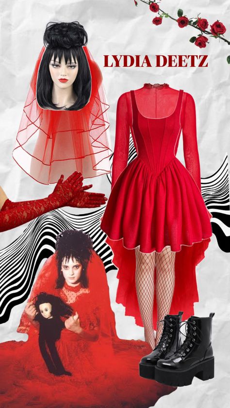 Bride of Beetlejuice Halloween inspo Women Horror Costumes, Bride Of Beetlejuice, Lydia Deetz Red Dress, Beetlejuice Winona, Lydia Deetz Cosplay, Horror Costumes, Lydia Beetlejuice, Red Dress Shoes, Beetlejuice Halloween