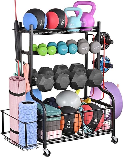 Mythinglogic Dumbbell Rack, Home Gym Storage Weight Rack for Dumbbells, Kettlebells Yoga Mat and Balls, Heavy Duty Sports Storage Rack with Wheels and Hooks, Powder Coated, Dumbbell Racks - Amazon Canada Workout Equipment Storage, Sports Equipment Organization, Home Gym Organization, Gym Rack, Sports Equipment Storage, Home Gym Storage, Gym Organizer, Gym Storage, Dumbbell Storage