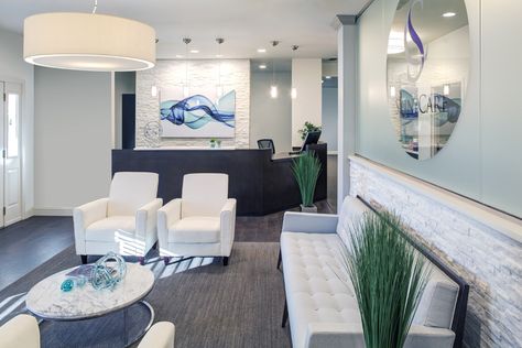 #Reception Desk and Waiting Room for #Chiropractor with custom #lighting Reception Area Chairs, Chiropractic Office Design, Deco Spa, Office Space Planning, Waiting Room Design, Studio Medico, Office Reception Area, Medical Office Decor, Interior Kantor