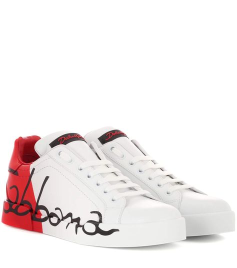 Printed Leather Sneakers - Dolce & Gabbana | mytheresa Sneakers Mytheresa, Crazy Sneakers, Red Leather Shoes, Dolce Gabbana Sneakers, Red Trainers, Jordan Shoes Retro, Leather Footwear, Shoes Retro, Dolce Gabbana Shoes