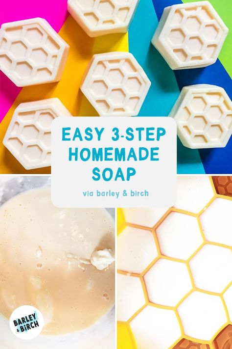 Get hands-on with our easy DIY soap guide! Learn how to make goat's milk soap that's gentle on the skin, perfect for sensitive skin types. No dyes or fragrances—just pure, moisturizing goodness. Make your own homemade soap bars using simple, natural ingredients like Manuka honey and goat's milk. With an easy process, and step-by-step tutorial, it's a fun project kids can help make for gifts. | from barley & birch Face Soap Recipe, Beginner Soap Recipes, Diy Soap Easy, Diy Goat Milk Soap, Beeswax Soap, Homemade Soap Bars, Goats Milk Soap Base, Diy Soap Bars, Easy Soap Recipes