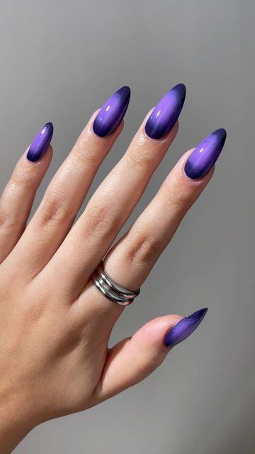 Lights Lacquer on Instagram: "How to create an easy monochromatic aura mani! The perfect summer to fall nails 💜 💅 Polishes Used: Tightrope + Miss Hepburn #lightslacquer #lacquerartist #nails #nailgram #nailinspo #nailtrends #almondnails #naildesign #nailartist #fallnails #auranails #trendynails #nailpolish #veganpolish #nailvideo #nailtutorial #nailvibes" Purple Monochromatic Nails, Fall Aura, Monochromatic Nails, Winter Nail Polish, Aura Nails, Fall Nail Polish, Fall Manicure, Holiday Nail Designs, Purple Nail Designs