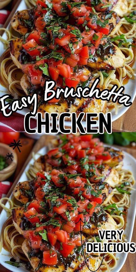 This Easy Bruschetta Chicken Recipe is a summertime favorite, especially when tomatoes are in season. This is essentially chicken breast topped with mozzarella cheese and our fresh tomato Bruschetta and drizzled with Balsamic Glaze. Easy Bruschetta Chicken Recipe, Bruschetta Chicken Bowl, Bruschetta Baked Chicken, Bruschetta Chicken Sides, Easy Bruschetta Chicken, Easy Caprese Chicken, Roasted Red Pepper Bruschetta Chicken, Bruschetta Chicken Recipes, Bruschetta Recipe Chicken