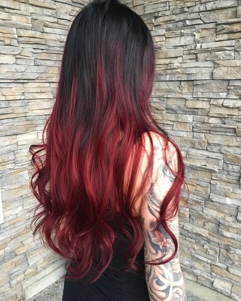 Red Color On Black Hair, Black And Red Hair Ombre, Red Hair Bottom Half, Asian Red Hair Balayage, Brown Hair Red Ends, Red Ends On Black Hair, Black Hair With Red Ends, Blonde Hair Red Underneath, Red Tips Hair