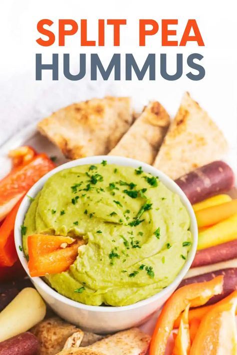 This beautiful hummus is one of our favorite split pea recipes! Load up a plate with split pea hummus, breads, and veggies for a fun snacky meal. Split Pea Hummus, Split Pea Recipes, Pea Hummus Recipe, Pea Hummus, Green Split Peas, Homemade Appetizer, Food Shelf, Pumpkin Hummus, Split Peas