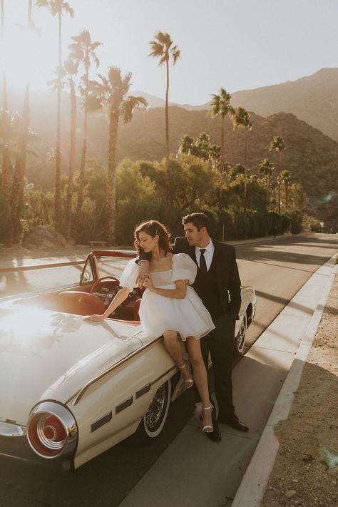 Vintage car, Palm Springs, Engagement Session Engagement Photo Shoot With Car, Vintage Engagement Session, Retro Engagement Photoshoot, Engagement Photoshoot Car, Vintage Car Elopement, Palm Springs Elopement, Palm Springs Engagement Photos, 70s Engagement Photos, Vintage Car Photoshoot Couple