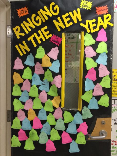 Classroom door decoration- New Years resolutions with name and individual AR goal written on each bell New Year Door Ideas For Classroom, New Years Preschool Door Ideas, Classroom Door Ideas New Year, New Years Teacher Door, New Year School Door Decoration, January Classroom Door Ideas New Year, January Daycare Door Ideas, New Years Classroom Door Ideas, New Years Bulliten Board