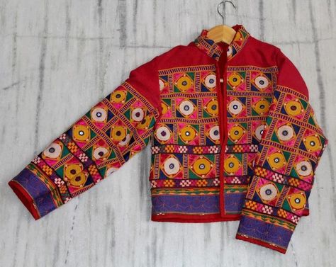 Geometric Vintage Jacket / Banjara Jacket / Gypsy / hippie / unique / colourful / Navratri Outfits, Choli Blouse Design, Long Blouse Designs, Navratri Collection, Kutch Work Designs, Navratri Dress, Kutch Work, Embroidered Coat, Vintage Hipster