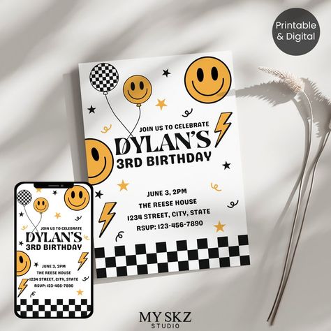 Smiley Party, Smile Birthday, Birthday Smiley, Smiley Smile, Edit Template, Birthday Invitation Template, Printable Birthday Invitations, Theme Birthday, Invitation Sizes