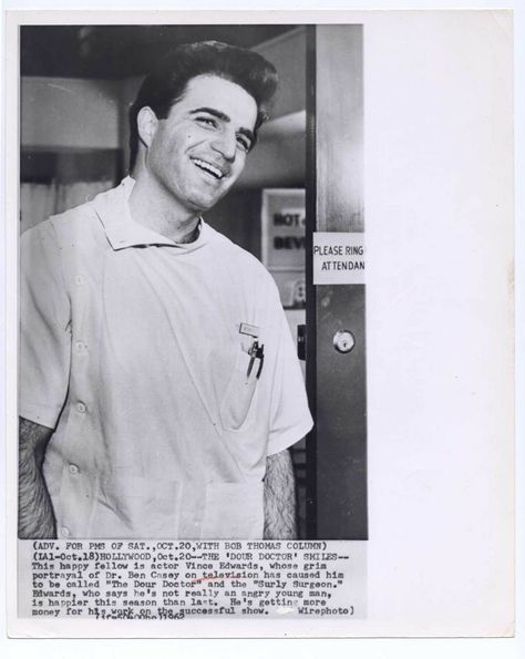 Vince Edwards 1962 Ben Casey Candid Original 8x10 Portrait Vince Edwards, Dr Kildare, Ben Casey, Karen Steele, Casey Kasem, Suzanne Pleshette, Maureen O'sullivan, Mitzi Gaynor, Burt Ward