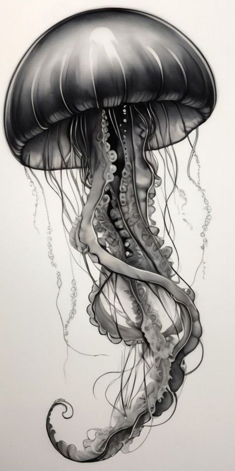 Men Jellyfish Tattoo, Dark Jellyfish Tattoo, Medusa Tattoo Animal, Ocean Creatures Tattoo, Jellyfish Tattoo Design, Medusa Animal, Ocean Creatures Art, Underwater Drawing, Marine Tattoo