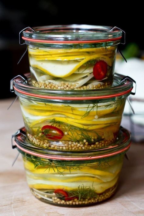 A simple tasty recipe for quick Pickled Summer Squash, delicious on sandwiches and burgers and as a side to any meal! #pickled Pan Squash, Zucchini Hummus, Zucchini Pickles, Feasting At Home, Farmers Market Recipes, Charcuterie Plate, Pickled Veggies, Pickled Vegetables, Garden Recipes