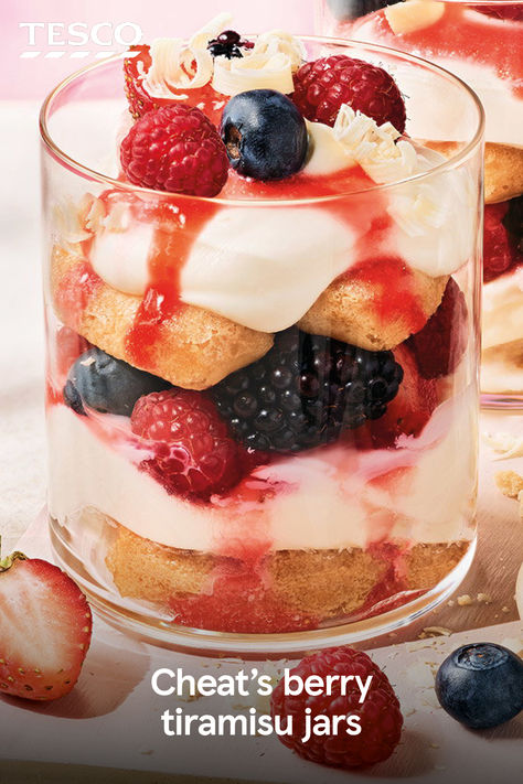 Transform the classic tiramisu into a fruity summer dessert with layers of berries and cream – why not serve it at your next barbecue! | Tesco Berry Tiramisu, Classic Tiramisu, Fruity Dessert, Berries And Cream, Tesco Real Food, Italian Dessert, Student Recipes, Berries Recipes, Valentines Day Food