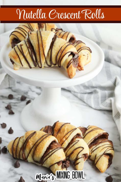 Nutella crescent rolls are a sweet take on the classic flaky roll. Crescents are filled with nutella, baked, and topped with melted chocolate Nutella Cresent Roll Recipes, Chocolate Crescent Rolls, Caramel Icebox Cake, Ritz Cracker Dessert, Cream Cheese Fudge, Nutella Crescent Rolls, Cheese Fudge, Pillsbury Crescent Roll Recipes, Crescent Rolls Recipe