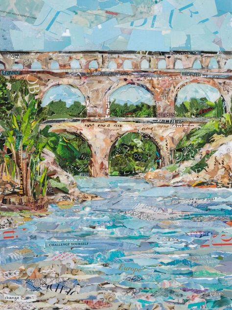 Pont Du Gard, Original Collage, GInatorkosart.com Landscape Collage Ideas, Landscape Collage Art, Bridge Collage Art, Mosaic River Scene, Mosaic Lake Scene, Fabric Collage Landscape Textile Art, Collage Landscape, Easy Art For Kids, Collage Portrait