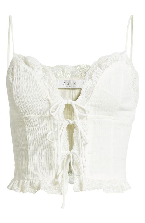 ASTR the Label Lace Trim Tie Front Crop Camisole in White at Nordstrom Rack, Size Large Dainty Tops, Cropped Camisole, Astr The Label, Lace Straps, Lace Trims, Versatile Outfits, Cropped Cami, Swimwear Cover, Sweetheart Neck