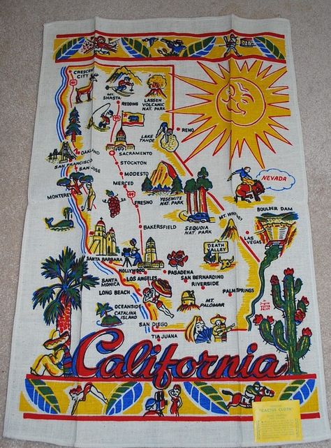 California kitchen towel Hankie Couture, California Souvenirs, Retro Style Posters, Retro Cowboy, Guided Art, Vintage Collectables, California Map, Vintage California, Biome