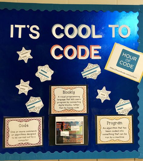 Hour of Code bulletin board. Coding. Elementary computer science. Computer Science Board Ideas, Coding Bulletin Board Ideas, Elementary Computer Science, Coding Classroom Decor, Computer Science Bulletin Board Ideas, Coding Bulletin Board, Women Computer Science, Computer Classroom Decor, Computer Science Notes