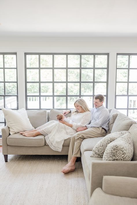 Atlanta At Home Newborn Photos in front of dramatic windows in living room. Lifestyle newborn photography posing. - mollyhensley.com Living Room Newborn Pictures, Windows In Living Room, Natural Newborn Photos, Home Newborn Photos, Newborn Family Pictures, Lifestyle Shoot, Natural Newborn, Newborn Photography Poses, Newborn Pics