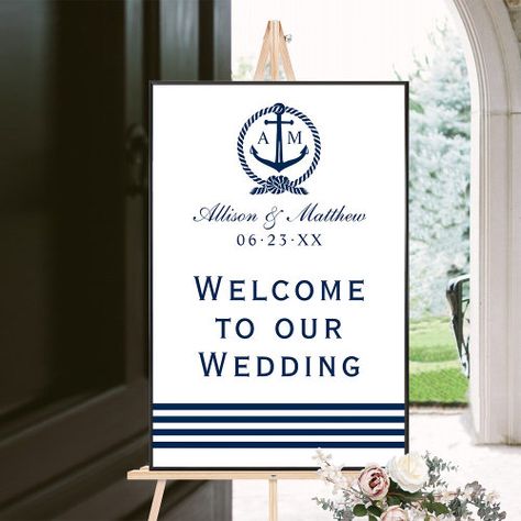 $42.9 | Elegant Navy Nautical Wedding Monogram Welcome - navy blue, welcome to our wedding, nautical theme, boat anchor, tie the knot, wedding monogram, wedding ceremony, wedding reception, welcome sign Tie The Knot Wedding, Knotted Rope, Nautical Wedding Theme, Striped Wedding, Boat Anchor, Nautical Stripes, Wedding Posters, Wedding Monogram, Welcome Poster