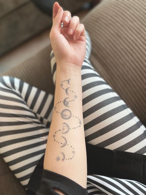 Forearm Moon Phase Tattoo, Moonphase Tattoo, Phase Tattoo, Moon Cycle Tattoo, Witchy Tattoos, Celestial Tattoo, Moon Phases Tattoo, Planet Tattoos, Forearm Tattoo Women