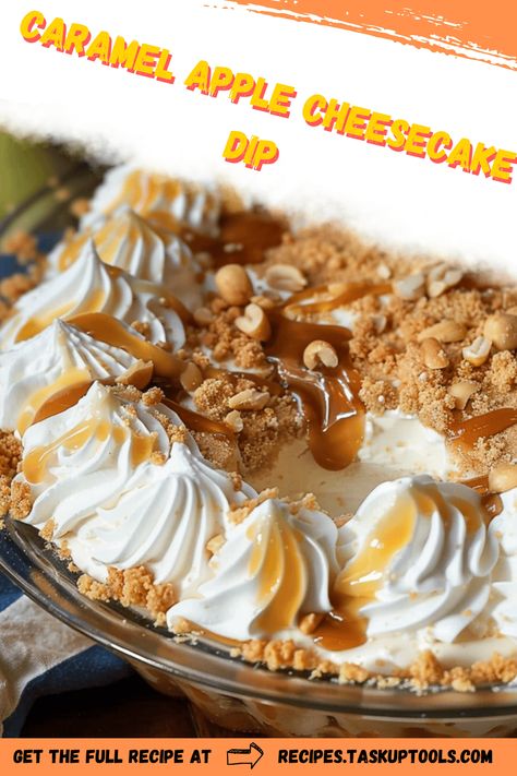 Indulge in the delightful fusion of flavors with this Caramel Apple Cheesecake Dip. Perfect for gatherings or a cozy night in, this easy-to-make dip combines creamy cheesecake goodness with the rich sweetness of caramel and the crisp freshness of apples. Serve it with your favorite dippers like graham crackers, apple slices, or pretzels for a delectable treat. Whether you're hosting a party or looking for a comforting dessert, this recipe will leave everyone asking for seconds. Discover the perfect blend of Salted Caramel Pecan Cheesecake Dip, Carmel Apple Cheesecake Dips, Dips To Serve With Pretzels, Carmel Dip For Apple Slices, Carmel Apple Dip Recipes, Apple Cheesecake Dip, Caramel Apple Cheesecake Dip, Caramel Cheesecake Dip, Holiday Baking Cookies