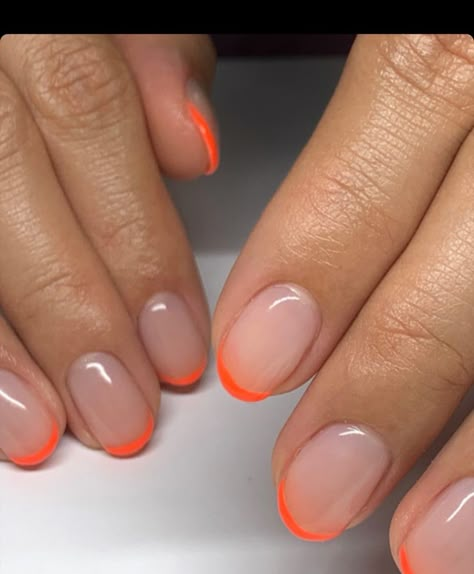 Nails Colorful Tips, French Nail Orange, Orange French Tip Nails Short, Orange Tips Short Nails, Coloured Tip Nails, French Manicure Orange Tips, Pink Nail Orange French Tip, Sparkle Nail Designs, Colored Nail Tips