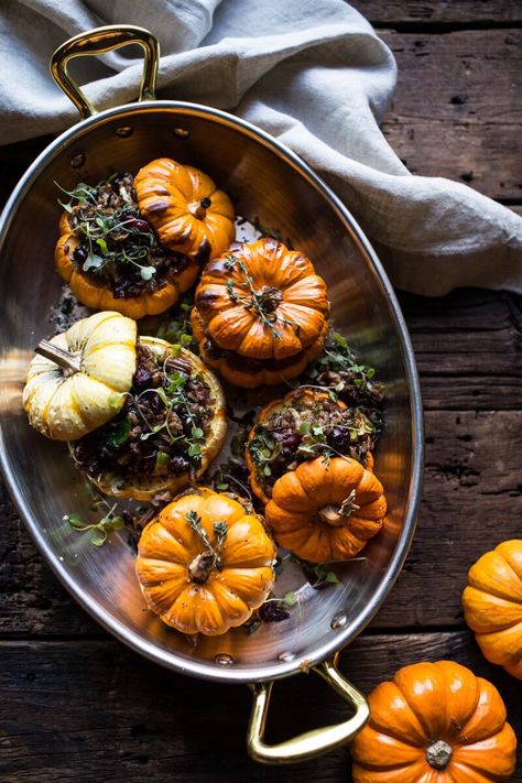 Nutty Wild Rice and Shredded Brussels Sprout Stuffed Mini Pumpkins | halfbakedharvest.com @hbharvest Thanksgiving Recipes Vegetarian, Stuffed Mini Pumpkins, Vegetarian Thanksgiving Recipes, Healthy Thanksgiving Recipes, Shredded Brussel Sprouts, Vegetarian Thanksgiving, Brussels Sprout, Healthy Thanksgiving, Thanksgiving Appetizers