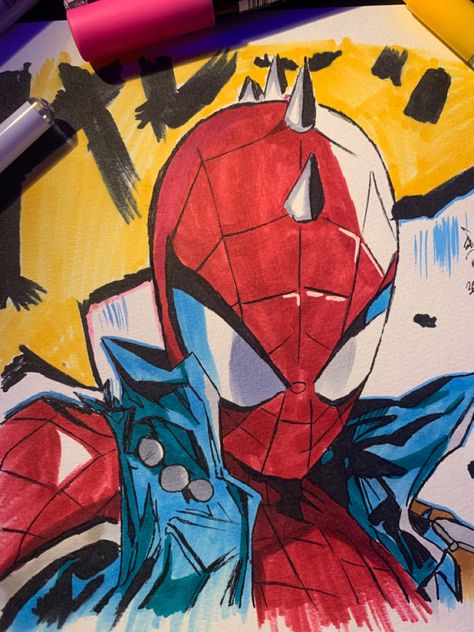 Spiderman Drawing Color, Spiderman Marker Art, Spiderman Marker Drawing, Pen And Highlighter Art, Spiderman Anime Art, Spiderman Expressions Drawing, Spiderman Graffiti Art, Spiderman Sketchbook Ideas, Cute Spiderman Drawing