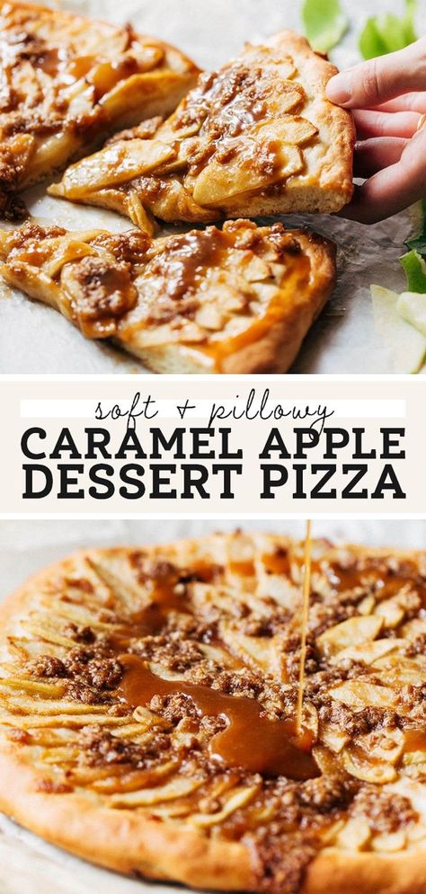 This is a delicious apple dessert pizza. With a pillowy soft crust, tender spiced apples, sweet oat crumble, and a caramel drizzle on top, it's easily one of the best apple desserts you'll ever make. Dessert Pizza Recipe Easy, Apple Dessert Pizza Recipe, Super Easy Pizza Dough, Caramel Apple Dessert, Dessert Pizza Recipe, Apple Dessert Pizza, Caramel Apple Desserts, Butternut Bakery, Dessert Pizza Recipes