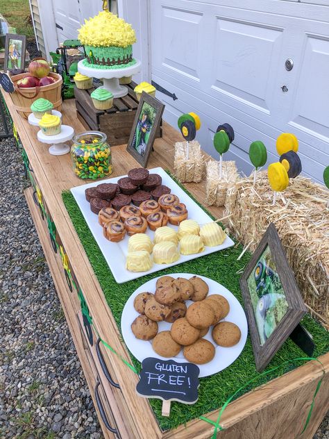 Cows And Tractors Birthday Party, Tractor Table Decorations, Tractor Theme Party Food, Fall Tractor Birthday Party, 3rd Tractor Birthday Party, Tractor Theme Birthday Party Food, Tractor Themed Party, Farm Themed Dessert Table, Green Tractor Birthday Party