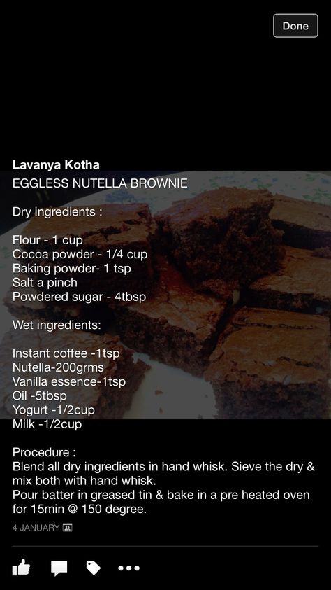 Eggless nutella brownie Easy Brownie Recipe No Eggs, Eggless Brownie Recipes, Brownie Eggless, Brownie Deserts, Egg Desserts, Eggless Brownies, Eggless Brownie Recipe, Nutella Snacks, Nutella Brownie