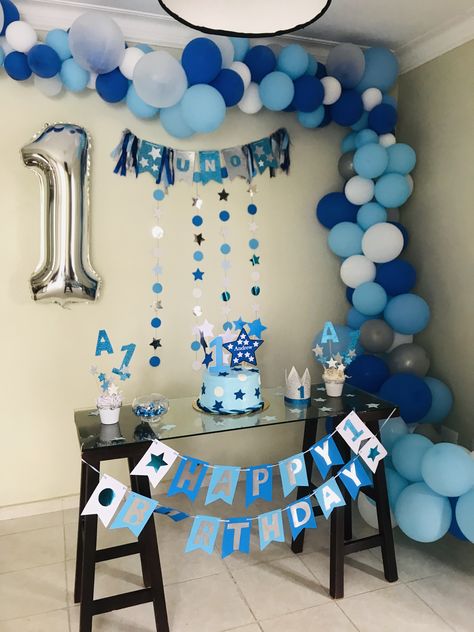 Blue, star, birthday boy Simple 1st Birthday Party Boy Theme, Decoration First Birthday Boy, 1st Bday Decoration Ideas Boy, Simple Blue Theme Birthday Party Decorations, 1st Birthday Party Ideas Blue, Decoration For First Birthday Boy, Simple Blue Birthday Decorations, Baby Boy First Birthday Decoration Ideas, Diy 1st Birthday Decorations Boy