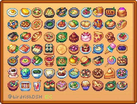 Stardew Valley Mods House, Stardew Valley Expanded Fanart, Stardew Valley Food, Stardew Valley Sprites, Stardew Valley Mods, Pixel Food, Stardew Mods, Stardew Valley Layout, Stardew Valley Tips