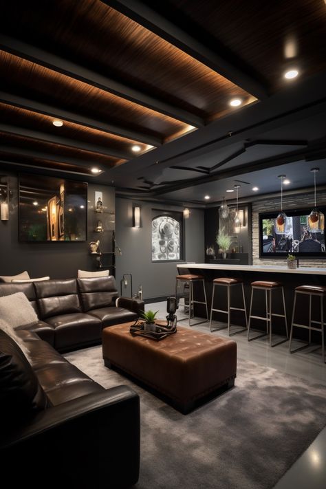 60+ Jaw-Dropping Dream Basements to Inspire Your Decor - Days Inspired Basement Theatre Bar, Basement Bar Black Ceiling, Basement Bar And Living Room Ideas, Eagles Basement, Party Basement Ideas, Basement Ideas Dark, All Black Basement, Basement Bar Lounge, Dark Moody Basement