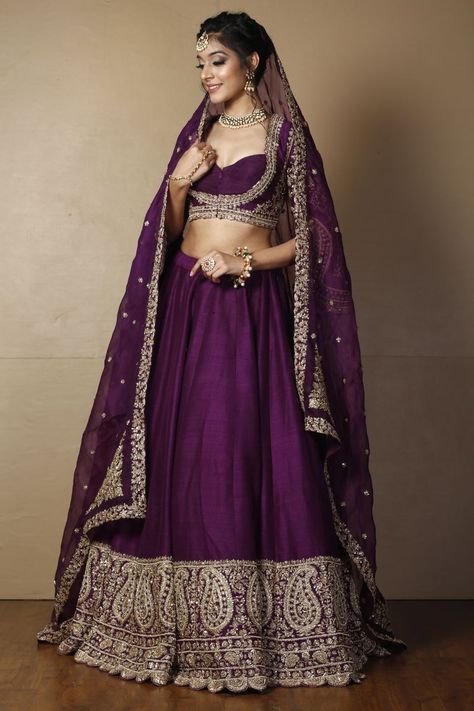 Deep purple fancy lehenga choli set by Zari Jaipur Lehenga Online Shopping, Fancy Lehenga, Purple Lehenga, Raw Silk Lehenga, Lehenga Designs Simple, Designer Lehengas, Wine Dress, Bridal Lehenga Red, Green Lehenga