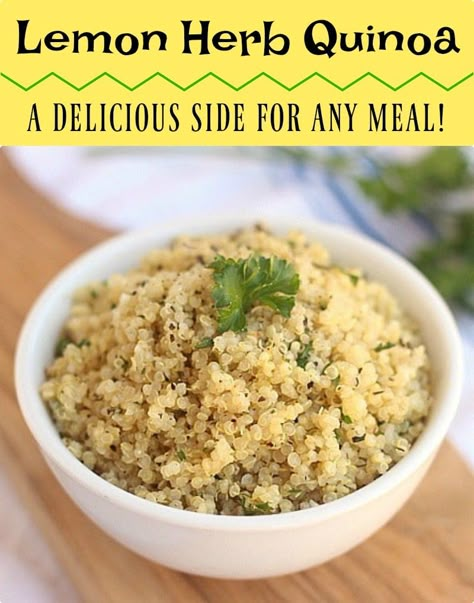 Quinoa made with various herbs and fresh lemon juice. This recipe is a delicious side dish and goes very well with chicken or fish. #grainfree #glutenfree #quinoa Quinoa Recipes Lemon, Quinoa Side Dish For Fish, Lemon Garlic Quinoa, Lemon Quinoa Recipes, Quinoa Side Recipes, Tilapia And Quinoa Recipes, Quinoa Side Dish Recipes, Flavored Quinoa, Quinoa Recipes Side Dish