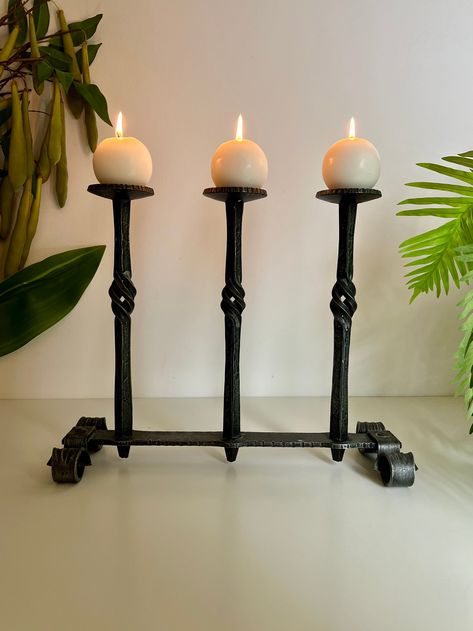 Vintage Sculptural Candelabra made from Wrought Iron - Brutalist Metal Candle Holder - Vintage Halloween Mantlepiece Candle Display Shipping Documents, Goth Bedroom, Candle Display, Candle Holder Vintage, Metal Candle Holder, Ball Candles, Candle Displays, Metal Candle Holders, Vintage Candle Holders