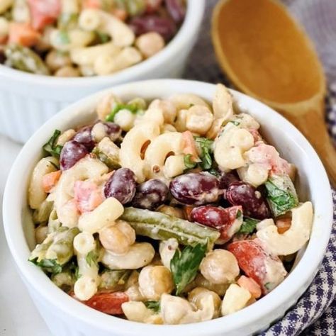 Pasta Bean Salad - The Herbeevore Bean And Pasta Salad, Pasta Salad With Beans, Bean Pasta Salad, Recipes Pasta Salad, Salad With Beans, Vegan Bean Salad, Creamy Macaroni Salad, Vegetarian High Protein, Bean Salad Recipe