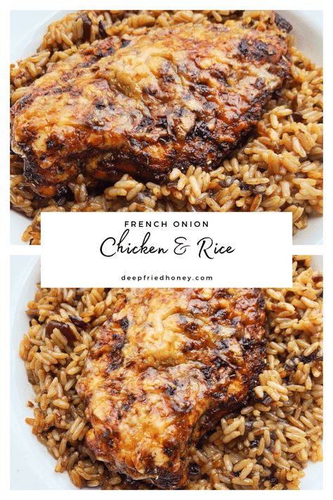 Easy French Onion Chicken and Rice Recipe • deepfriedhoney Easy French Onion Chicken, French Onion Chicken And Rice, Onion Rice Recipe, Chicken French, Chicken And Rice Recipe, Chicken Broccoli Rice, Main Entrees, French Onion Chicken, Rice Chicken