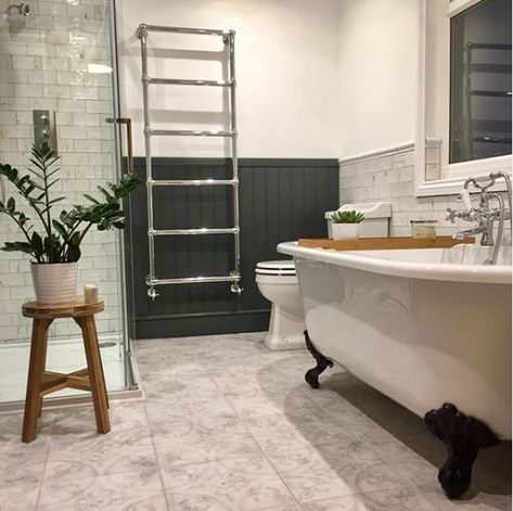 Hudson Reed Countess Wall Mounted Towel Rail  Source: @brighton_terrace on Instagram Minimal Bathrooms, Wall Paneling Diy, Bathroom Transformation, Dado Rail, Hudson Reed, Bathroom Goals, Heated Towel, Contemporary House Design, Towel Rail