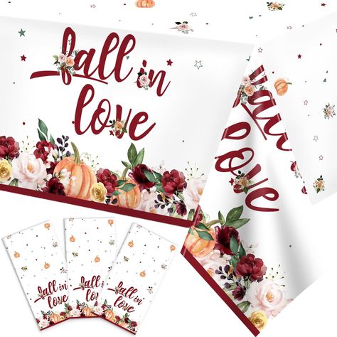 PRICES MAY VARY. 💕Fall Bridal Shower Decorations- Package includes 3 fall in love tablecloths. Designed with an autumn-inspired wine floral and pumpkin pattern, these disposable plastic table covers bring elegance and warmth to your event. The blend of rich, earthy colors creates a cozy atmosphere that will make your guests fall in love with the décor. 💕Perfect Size- The fall in love bridal shower tablecloths measures 70"L x 43"W inches, suitable for autumn table decoration. This tablecloths c Fall In Love Theme Engagement Party, Fall Bridal Shower Centerpieces, Fall In Love Bridal Shower Ideas Decor, Falling In Love Bridal Shower Theme, Fall Wedding Shower Decorations, November Bridal Shower Ideas, Fall Themed Bridal Shower Ideas, Fall Wedding Shower Ideas, Fall Theme Wedding