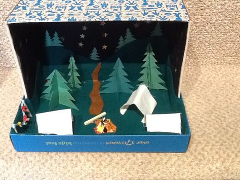 Camp site shoebox setting. Shoebox Story Scene, Camping Diorama Ideas, Hatchet Book Project, Peep Diorama, Hatchet Book, Shoe Box Diorama, Shoebox Diorama, Scene Shoes, Diorama Art