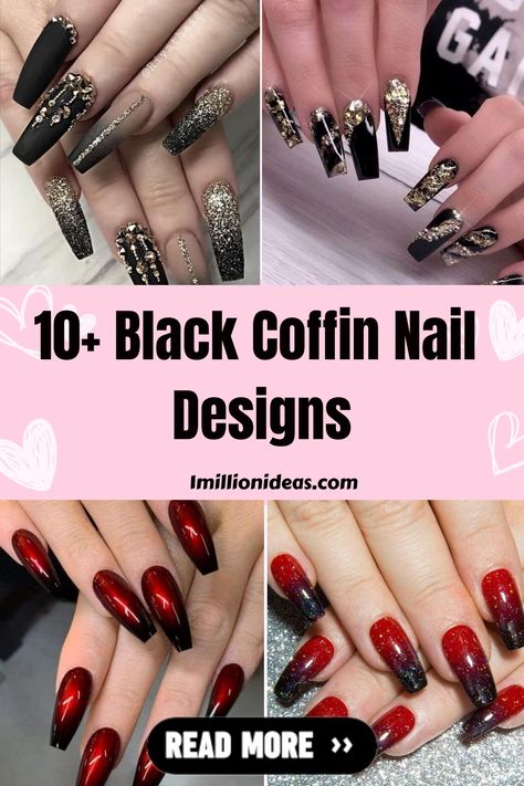 When it comes to beauty trends, coffin nails are one of the most popular shapes for a manicure. If you’re struggling to… Black Coffin Nail Designs, Gothic Nail Art, Coffin Nail Designs, Black Coffin Nails, Manicure Colors, Red Acrylic Nails, Glittery Nails, Gothic Nails, Black Nail Polish