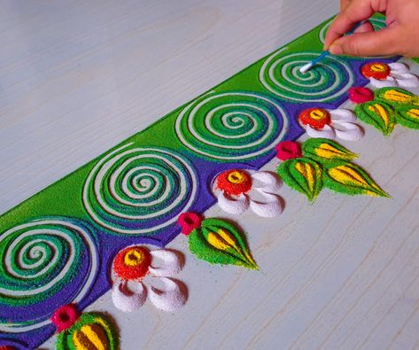 Rangoli Border Designs Latest, Side Design For Rangoli, Rangoli Designs Border Latest, Rangoli Borders Design Simple, Border Design Rangoli Easy, Ragoli Color Design 2023, Rangoli Designs White, Border Design Rangoli, Quick Rangoli Designs