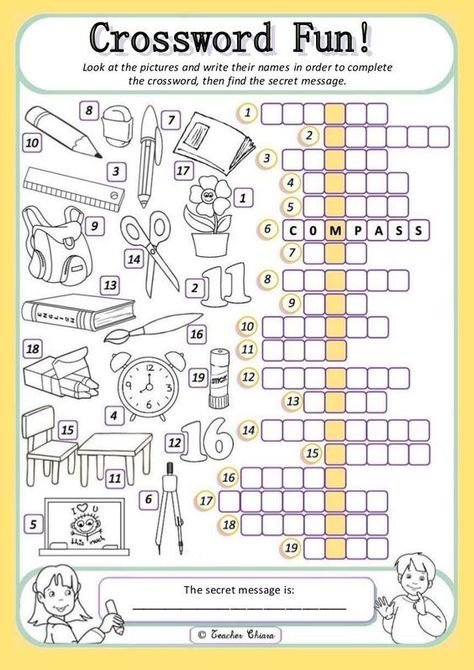 Look at the pictures and write their names in order to complete the crossword, then find the secret message. Activities For Primary School, Back To School Worksheets, English Worksheets For Kids, English Classroom, English Language Teaching, Welcome Back To School, English Activities, Classroom Language, School Worksheets