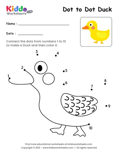 Free Printable Dot to Dot Duck Worksheet - kiddoworksheets Duck Worksheets Preschool, Duck Worksheet, Free Printable Dot To Dot, Joining Dots, Abc Bootcamp, Printable Dot To Dot, Dot To Dot Printables, Connecting Dots, Dotted Drawings